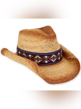 NWT! Woven Straw Cowboy Hat with Aztec Band, Sun ‘N Sand